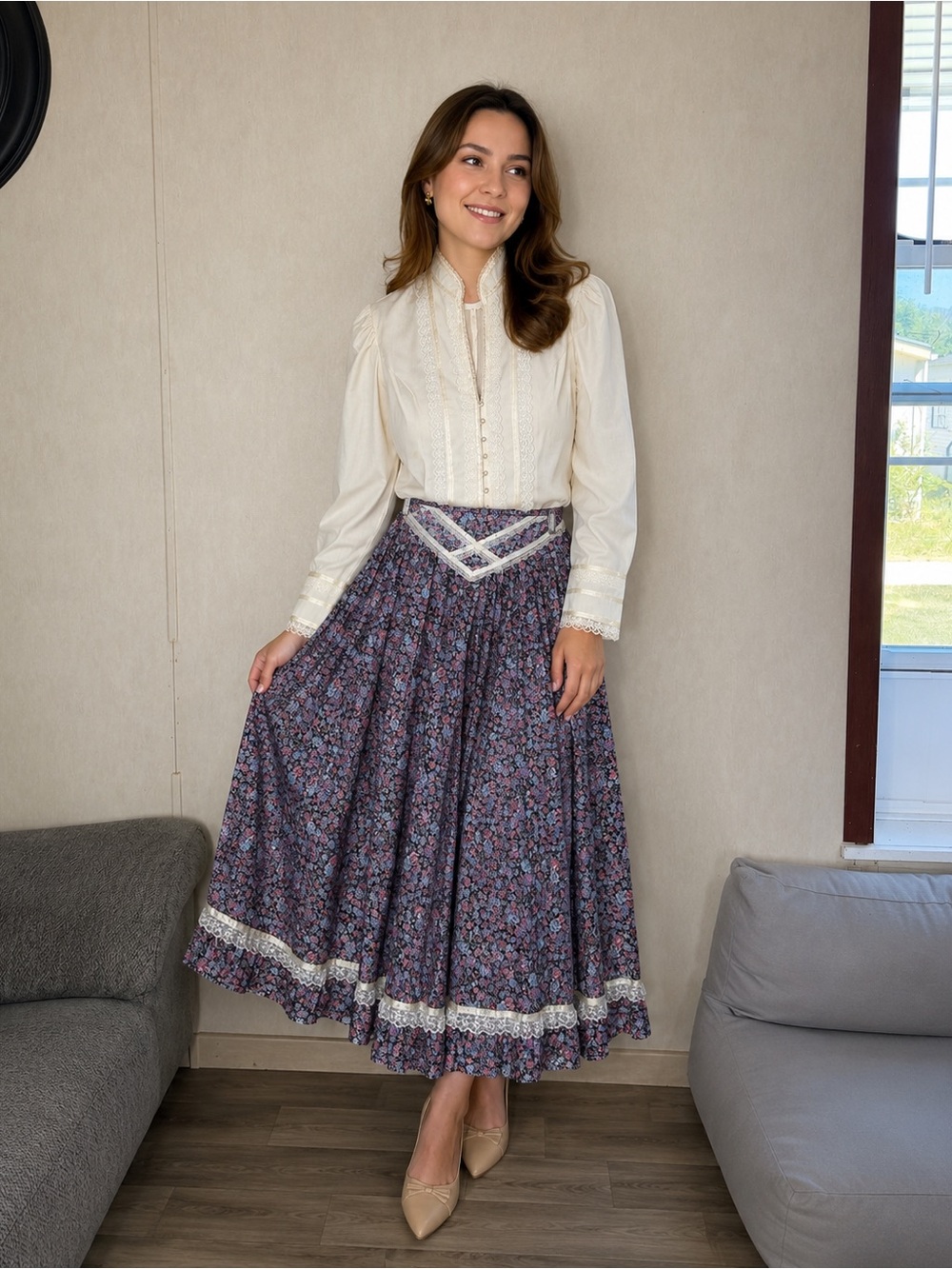 Gunna Sax Vintage 2 Pieces Set Blouse & Floral Midi Skirt Prairie Cottagecore 13